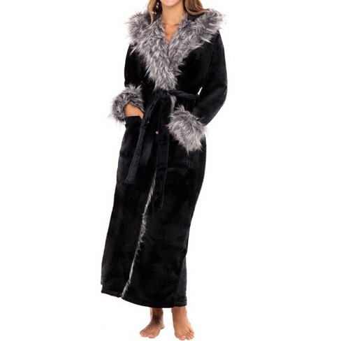Adr Women's Faux Fur Feather Hooded Robe, Soft Plush Fleece Bathrobe ...