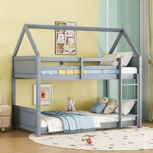 TIRAMISUBEST Twin over Twin Rubber Wood Floor Bunk Bed with Ladder and Guardrails, House-Shaped-Bunk Bedframe with Roof Design, Headboard & Footboard - 1 of 4