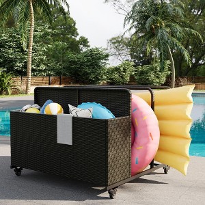 Outdoor Rattan Pool Caddy With Wheels, Outdoor Wicker Patio Poolside Float Storage, Pool Float Caddy for Floaties, Noodles, Life Vests, Toys,Black - 1 of 4