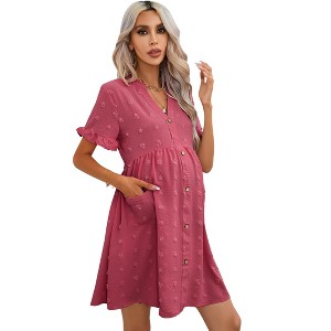 Maternity Swiss Dot Dress Summer V Neck Short Sleeve Button Down Mini Dress Baby Shower Photoshoot with Pockets - 1 of 4