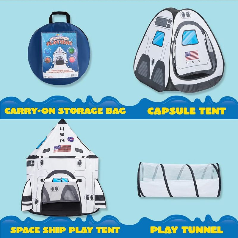 Syncfun White Rocket Ship Pop up Play Tent with Tunnel and Playhouse Kids Indoor Outdoor Spaceship Tent Set, 2 of 10