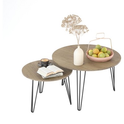 GlasFlength End Table Set of 2, Industrial Wood Finish with Sturdy Metal Frame for Living Room, Bedroom, Patio, Brown, 27.56"*27.56"*17.71"