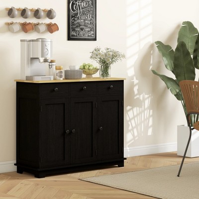 Homcom Kitchen Storage Cabinet, Sideboard Floor Cupboard with Solid Wood Top, Adjustable Shelf, and 3 Drawers for Living Room, Distressed Black — фото 4
