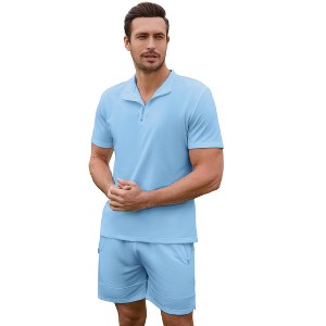 Clearlove Mens Athletic Sets  2 Piece Lounge Sets Mock Neck Quater Zip T-Shirts Drawstring Pocketed Shorts - 1 of 4