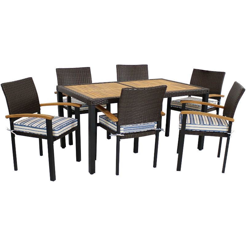 Sunnydaze Outdoor Rattan and Acacia Wood Carlow Patio Dining Set with Table, Chairs, and Seat Cushions - 7pc, 1 of 10