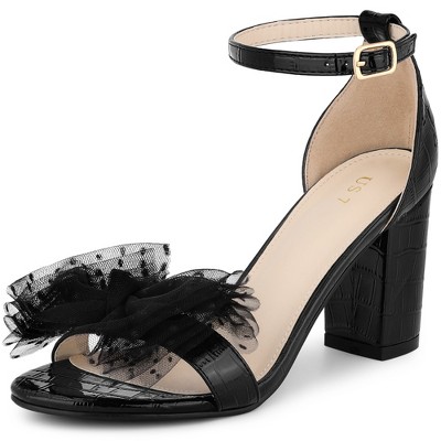 BLISSFUL STEP Women's Mesh Bow Tie Ankle Strap Chunky Heel Sandals