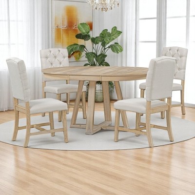 5-Piece Retro Dining Table Set with 4 Upholstered Chairs, 16" Leaf Dining Table, Solid Wood & MDF, for Small Spaces and Dining Rooms