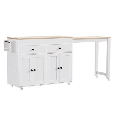 CLIHOME Kitchen Island with Extendable Dining Table , Rolling Kitchen Storage Cart with Spice Rack and 2 Drawers