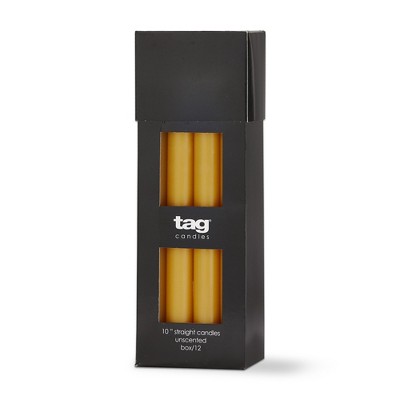 TAG Color Studio 10" Straight Taper Unscented Smokeless Paraffin Wax Candle Ochre Yellow, Burn Time 10 hrs. Set 12