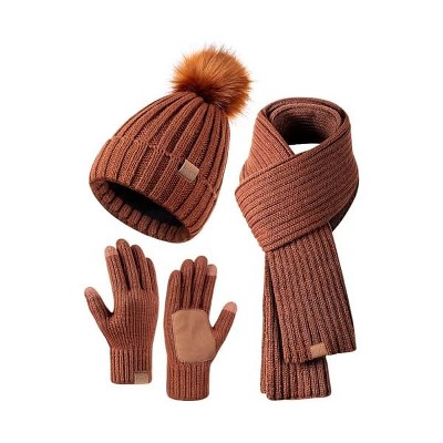 Fisfet Winter Beanie Hat Scarf Gloves Set for Women, Womens Beanie with Pom Pom Long Scarf Neck Warmer Touchscreen Gloves 3 in 1 Set