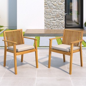 Acacia Wood Outdoor Dining Chairs Set of 2,Waterproof Cushion Patio Armrests Chair,Outdoor Dining Chair for Patio Garden-Cuddlewood - 1 of 4