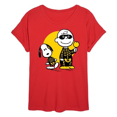 Women's - Peanuts - Halloween Charlie and Snoopy Skeleton Oversized Graphic T-Shirt