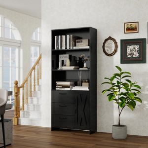 71 Inch Tall 6-Tier Black Bookshelf with Door and 3 Drawers Wooden Bookcase for Home Office Living Room Bedroom, White - 1 of 4