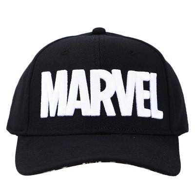 Marvel Comic Book Embroidered Text Logo Under Bill Print Black Snapback Hat