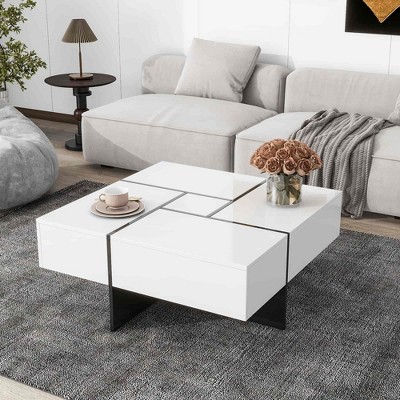 Lirago Unique Coffee Table 4 Hidden Storage Square Cocktail Table Extendable Sliding Top UV High Gloss Living Room Center Table 31.5x31.5