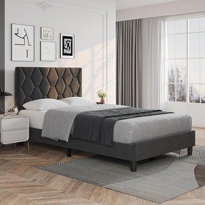 Twin Bed Frame with Upholstered Headboard, Platform Bed, Wood Slats Support, Noise Free, No Box Spring Needed, Gray, Easy Assembly - 1 of 4