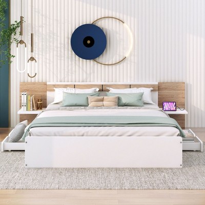 NicBex Queen Size Platform Bed Frame with Headboard,Shelves and Charging Station,Wood Slats Support,No Box Spring Needed,Easy Assembly,White