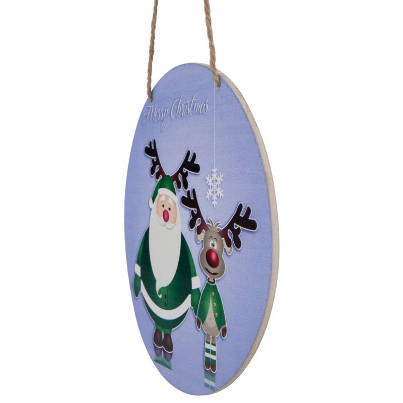 Northlight 8" Blue and Green Santa and Reindeer "Merry Christmas" Disc Ornament, 5 of 6
