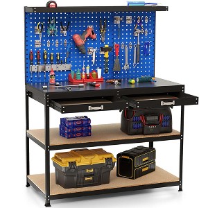 Costway 48" x 24" Workbench Heavy-Duty WorkTable with 3 PCs Pegboard Drawer & Shelves Navy/Black - 1 of 4