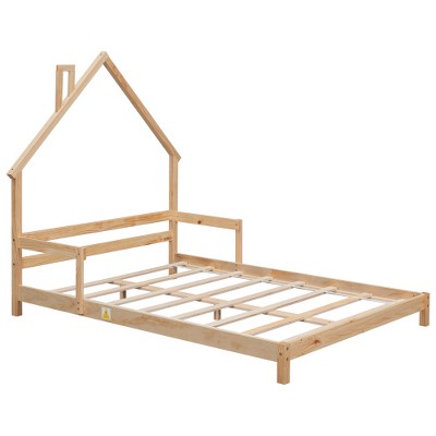 Twin House-Shaped Headboard Floor Bed with Handrails - Low Platform Wood Frame, Sturdy Slats, Easy Assembly, for Kids & Teens