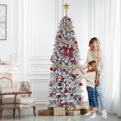 6/7.5/9/12FT Pencil Christmas Tree,Pre-Lit Frosted Artificial Tree,Skinny Xmas Trees Holiday Decoration,with LED Light&Metal Base for Home Party