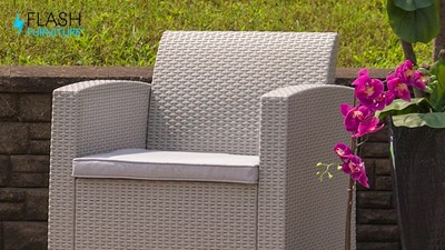 Contemporary Patio Armchair with Light Gray Cushions and Plastic Feet