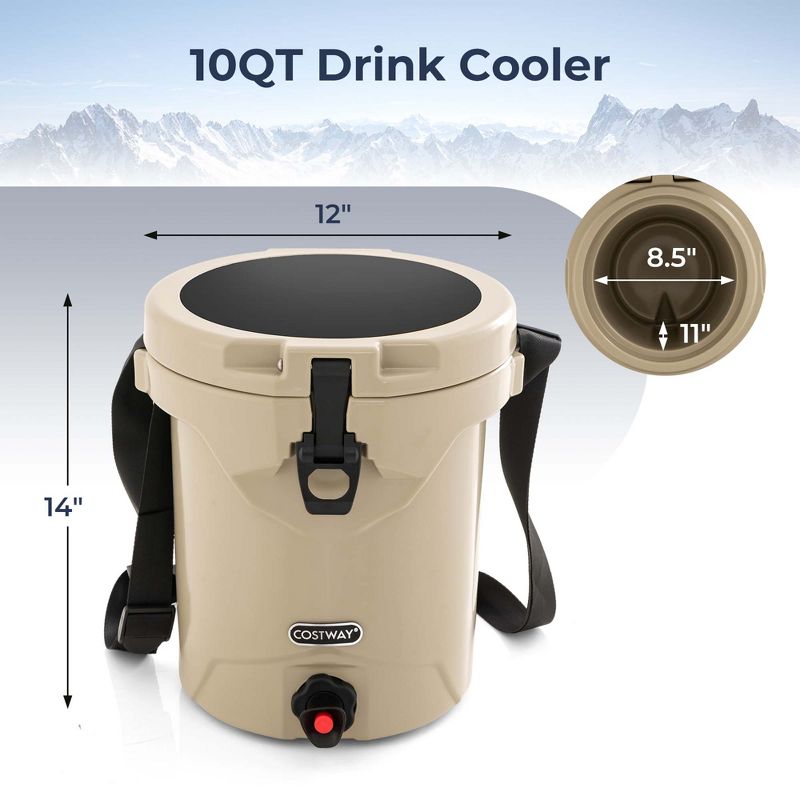 Costway 10 QT Drink Cooler Portable Insulated Ice Chest with Spigot & Shoulder Strap Beige, 3 of 11