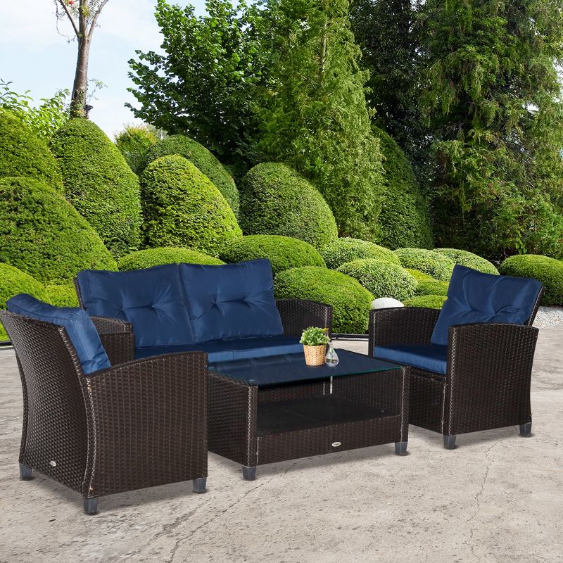 Outsunny 4 Pieces Patio Furniture Sets Rattan Wicker Chair w/ Table Outdoor Conversation Set with Cushion for Backyard Porch Garden Poolside and Deck, 2 of 7