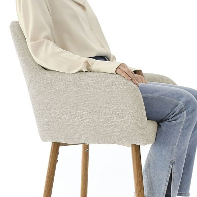 Beige Upholstered Counter Stools with Oak Legs, Set of 2