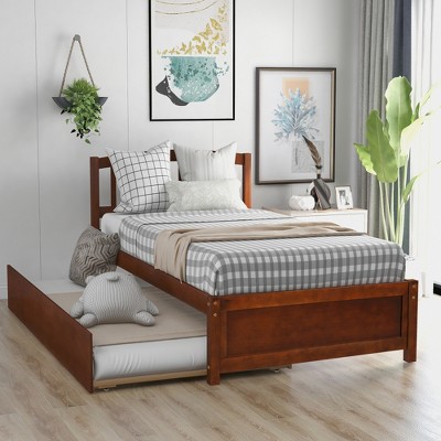 ALEXOUN Solid Wood Twin Size Platform Bed Frame with Trundle and Headboard, No Box Spring Needed,for Teens Boys Girls Bedroom,Room