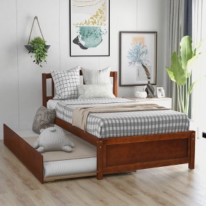 ALEXOUN Solid Wood Twin Size Platform Bed Frame with Trundle and Headboard, No Box Spring Needed,for Teens Boys Girls Bedroom,Room - 1 of 4