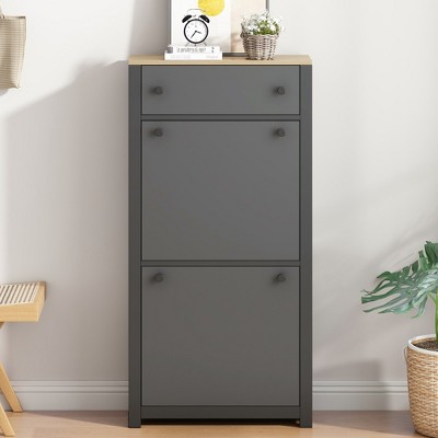 VYNXARIA Wood Grain Pattern Top Shoe Cabinet with Drawer, Free Standing Shoe Rack with Adjustable Panel for Hallway,Entryway, Gray