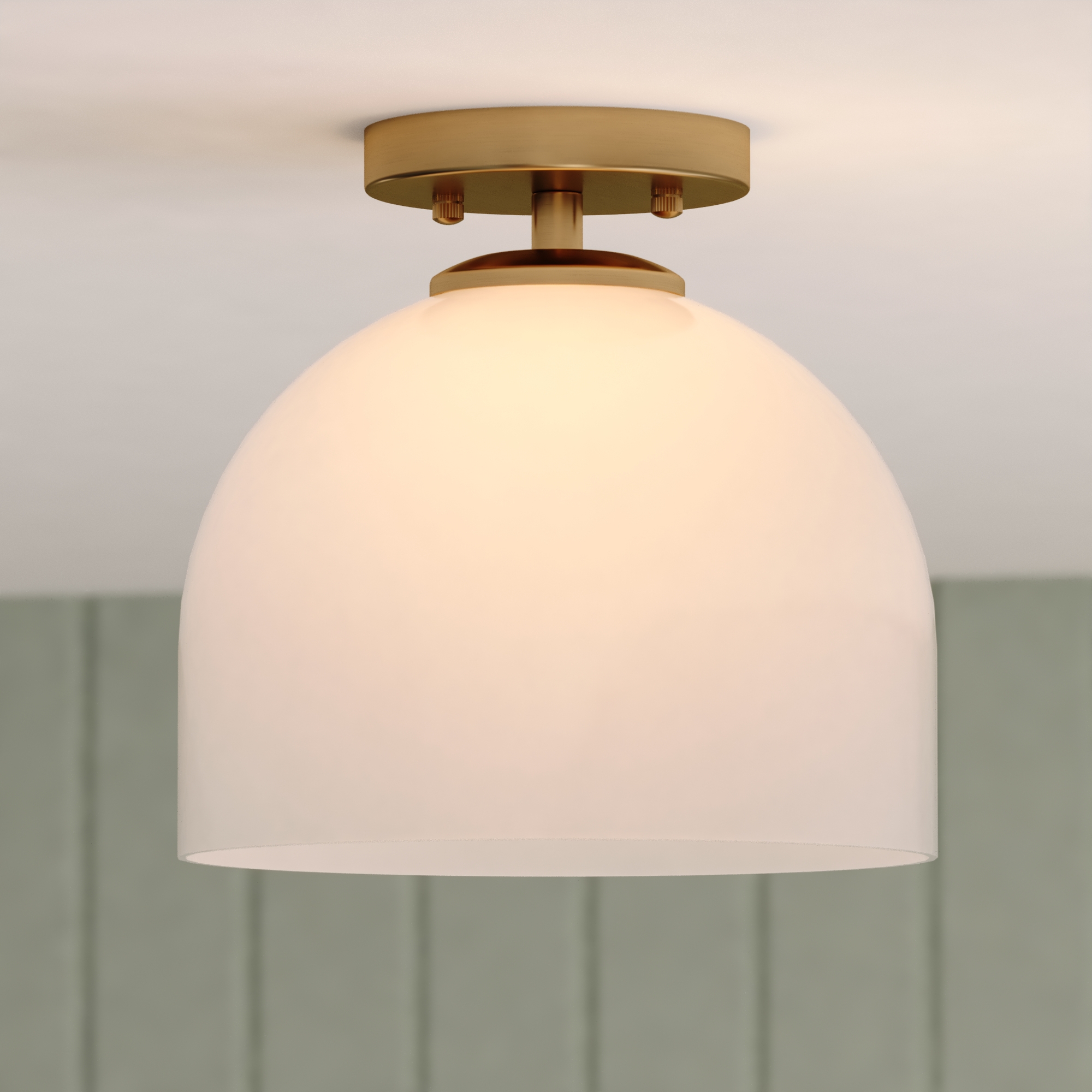 VAXCEL Shelby 1-Light 9.25 in. Wide Dome Semi Flush Mount Ceiling Lighting Fixture, Frosted White Opal Glass Shade, Natural Brass
