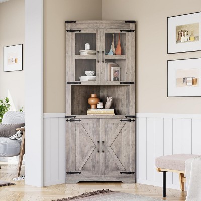 63" Tall Corner Cabinet with 4 Doors and 5 Storage Shelves, Adjustable Shelves, for Living Room, Kitchen, Bathroom