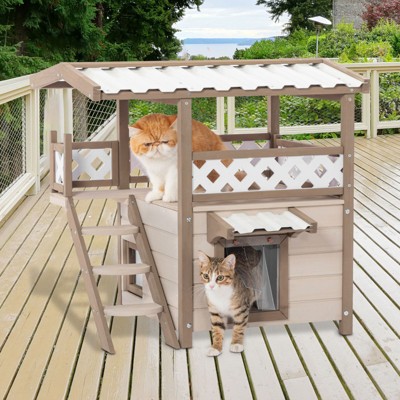 FURNIinspire Feral Cat House Outdoor 2 Story Kitty Houses with Escape Door,Curtain & Stair,30.5"*24"*29.5"