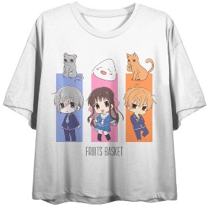Juniors Fruits Basket Anime Cartoon White Graphic Print Crop Top- - 1 of 3