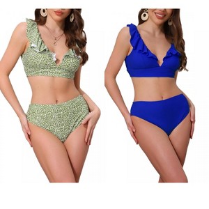 INSPIRE CHIC Women's Ruffle Trim V Neck Wide Strap Drawstring Tie Back Top Triangle Bottom Bikini Sets 2 Sets - 1 of 4