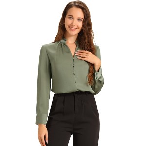INSPIRE CHIC Women's Ruffled Stand Collar Long Sleeve Button Elegant Satin Shirt - 1 of 4