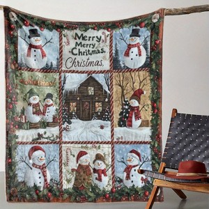 Lomsoe Vintage Snowman & Wooden Cabin Print Flannel Blanket - All Seasons Soft and Warm Throw Blanket for Bed, Napping, Camping, Travel, Office - 1 of 4