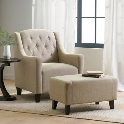Modern Accent Chair And Ottoman Set, Upholstered Armchair With Footstool, Comfy Sofa Chair With Ottoman Set For Living Room, Beige