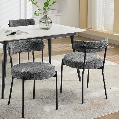 Acekool Mid-Century Dining Chairs Set of 2 with Boucle Upholstery, Curved Backrest & Adjustable Feet - Light Grey with Black Legs