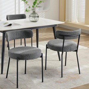 Acekool Mid-Century Dining Chairs Set of 2 with Boucle Upholstery, Curved Backrest & Adjustable Feet - Light Grey with Black Legs - 1 of 4