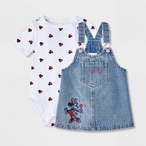 Baby Girls' 2pc Disney Minnie Mouse Americana Short Sleeve Bodysuit and Denim Overalls Dress Set - Blue - 1 of 4