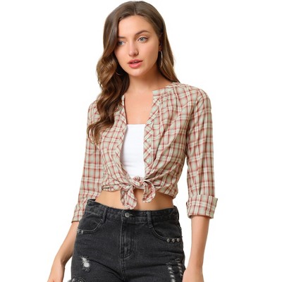 Allegra K Women's Casual Plaid Blouse Button Up V-Neck Long Sleeve Western Shirt