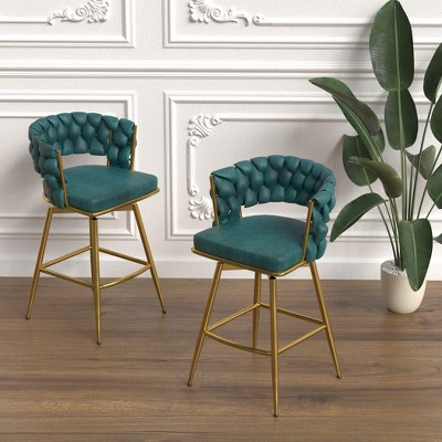 26" Leather Woven Bar Stool Set of 2, Gold Legs Barstools, No Adjustable Kitchen Island Chairs, 360¡ã Upholstered Counter Stool, Arm Chairs - Blue