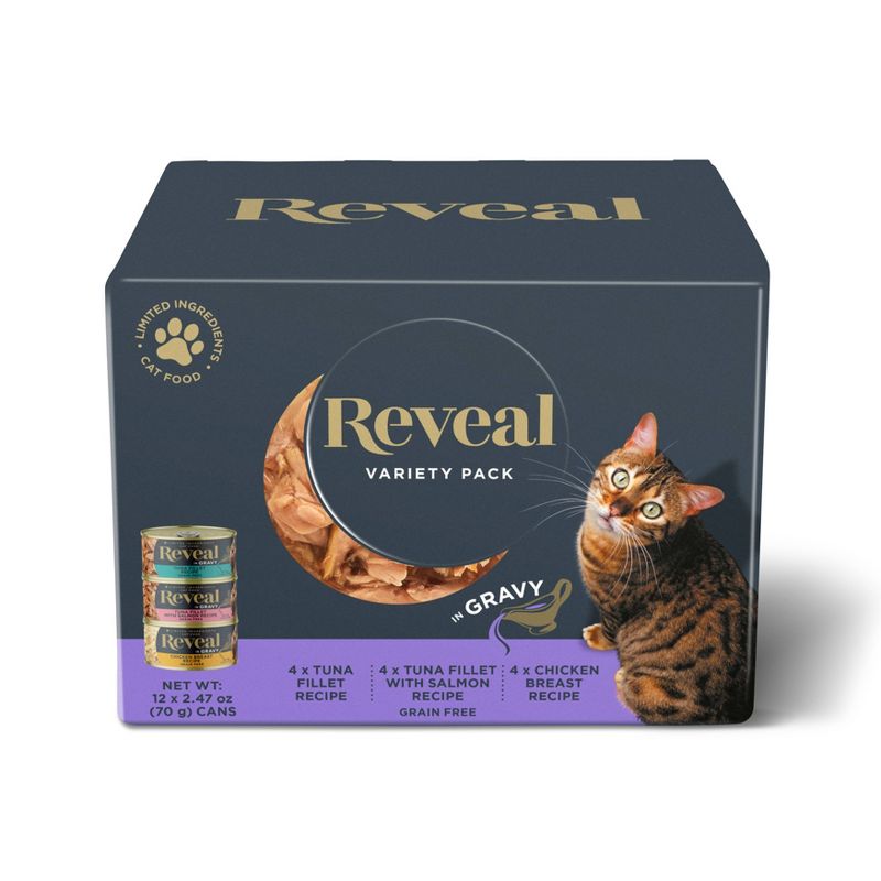 Reveal Pet Limited Ingredient Canned Variety of Salmon, Tuna and Chicken Flavors in Broth Grain Free Wet Cat Food - 2.47oz/12ct, 1 of 8