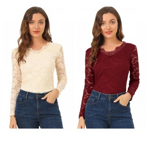 INSPIRE CHIC Women's Floral Embroidery Sheer Long Sleeves Lace Blouse 2 Packs - 1 of 4