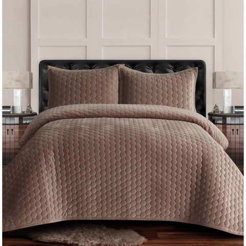 Tribeca Living Queen Lugano Honeycomb Velvet Oversized Quilt Bedding Set Taupe: Machine Washable, Polyester Fill