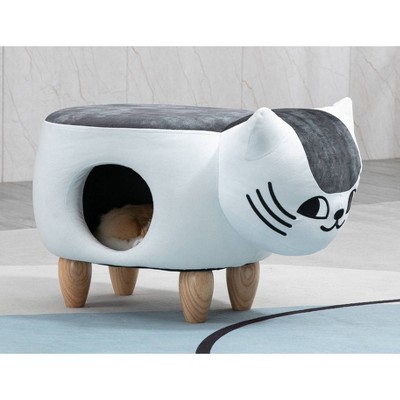 Whimsical White and Gray Cat Storage Ottoman with Wood Legs