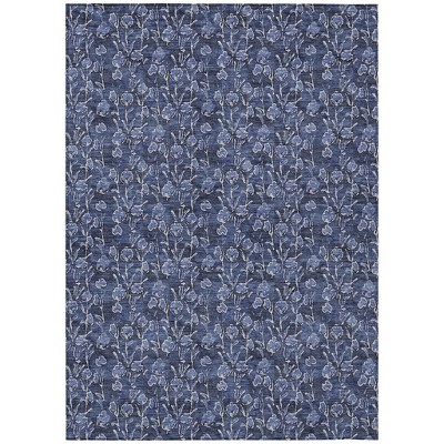 Navy Blue Denim Blue And Ivory Floral Washable Indoor Outdoor Area Rug